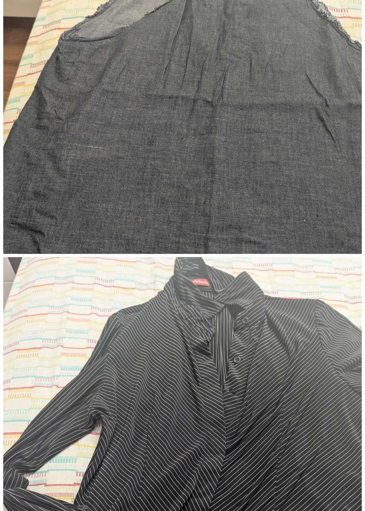 Striped Button-Up Blouse with Denim top
