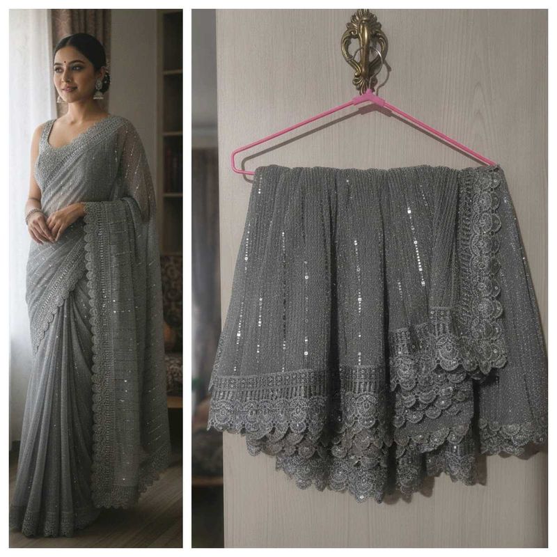 Elegant Grey Sequined Saree