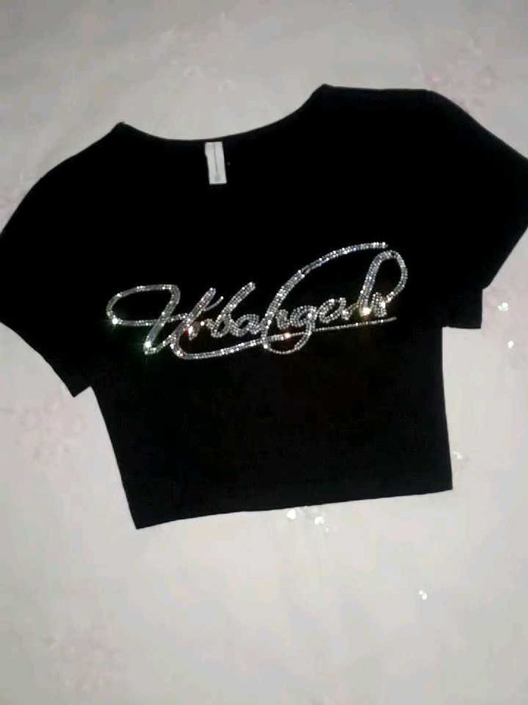 Black Crop Top with Rhinestone Detail