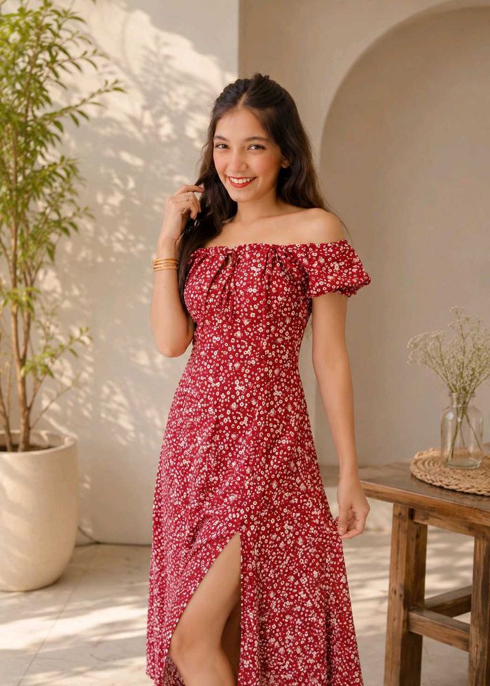 Red Floral Off-Shoulder Midi Dress