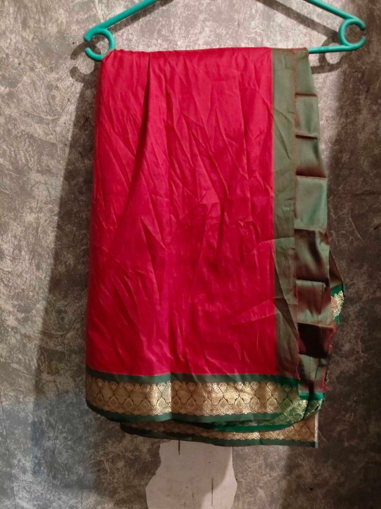 Vibrant Red Saree with Green Border