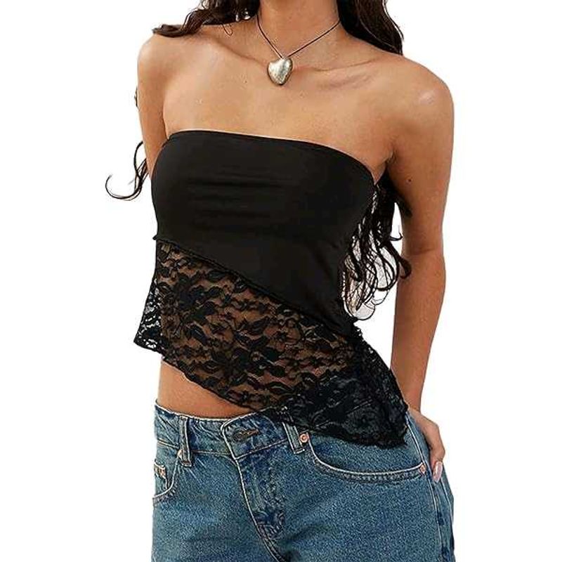 Lace Trimmed Black Tube Top