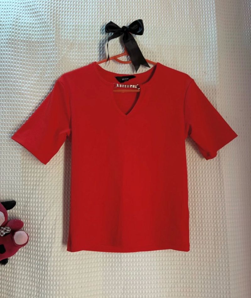 Red V-Neck Embellished Top