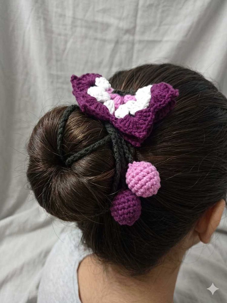 Crocheted Hair Accessory with Pom Poms
