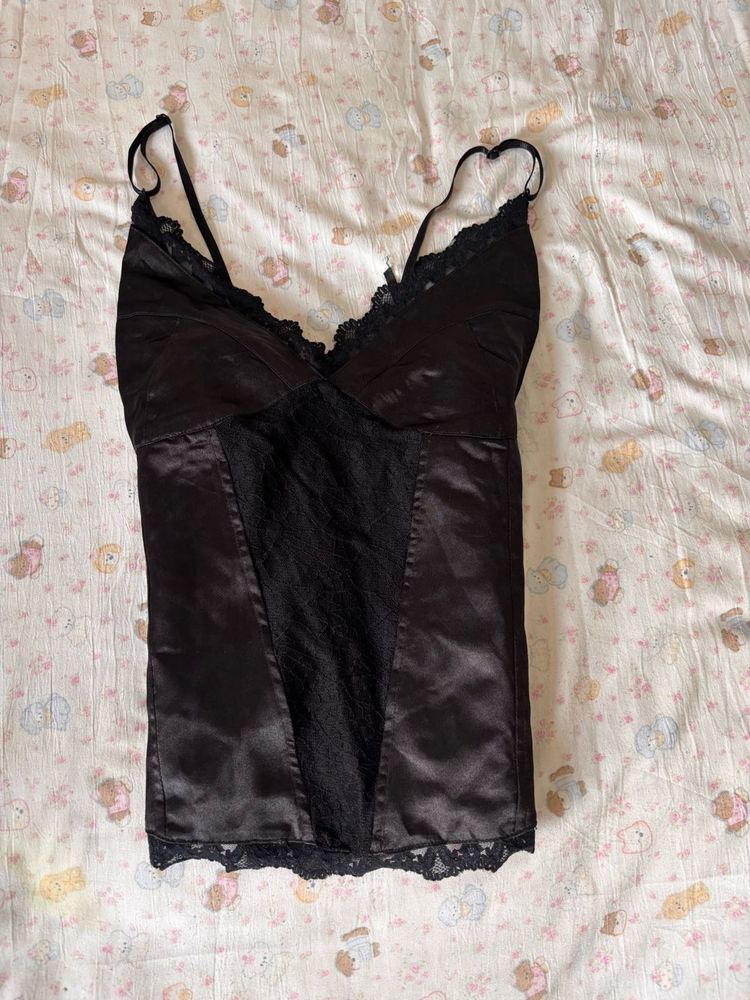 Black Lace Trim Satin corset tieTop