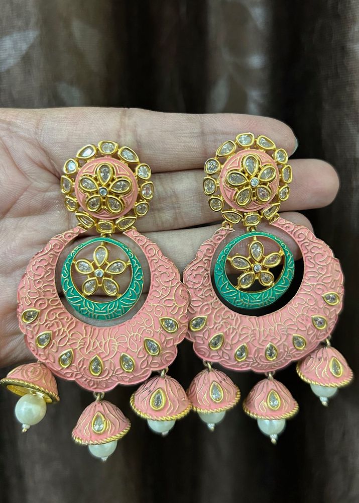 Beautiful Pink &amp; Green Jhumka Earrings
