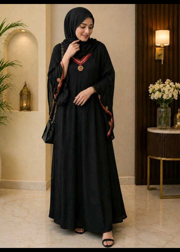 Elegant Black Abaya with Red &amp; Gold Trim