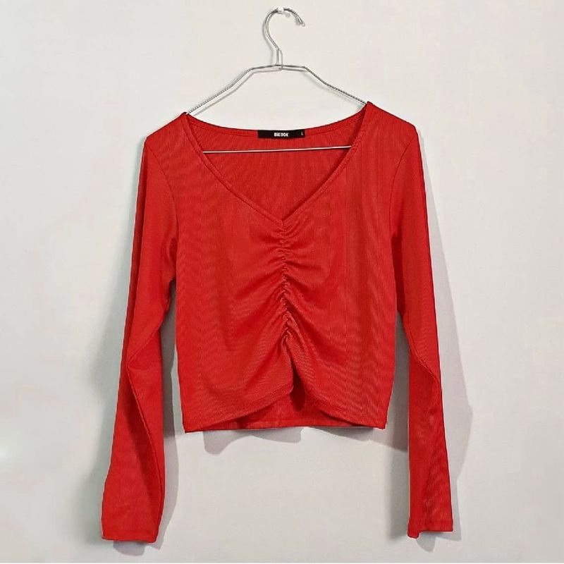 Orange Ruched Long Sleeve Top