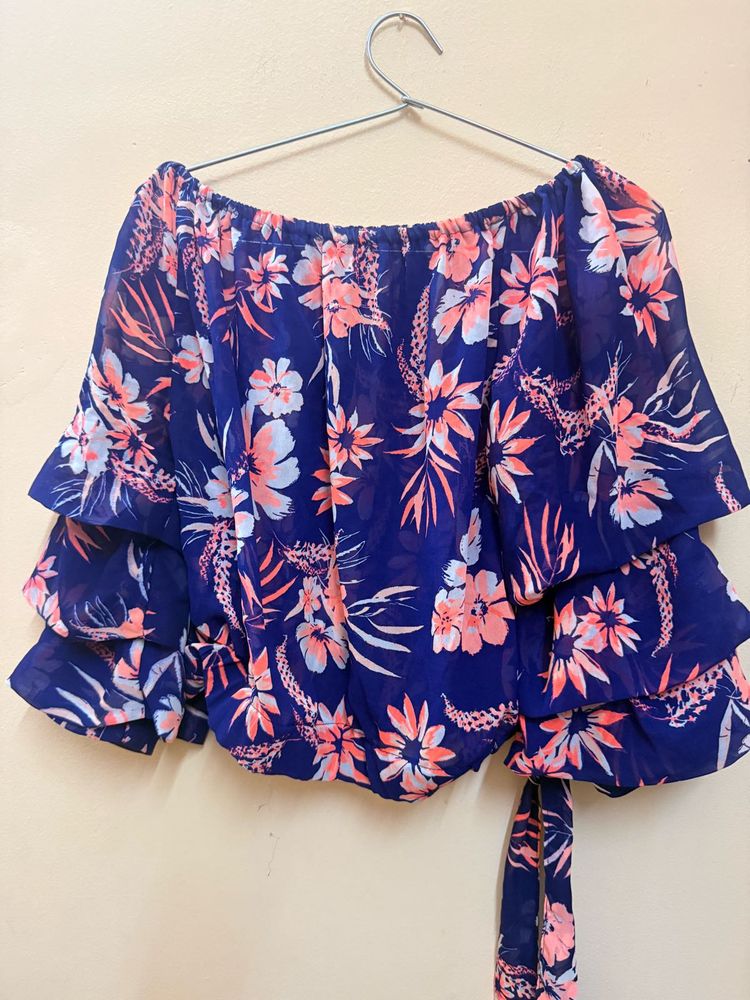 Blue Floral Off-Shoulder Tiered Top