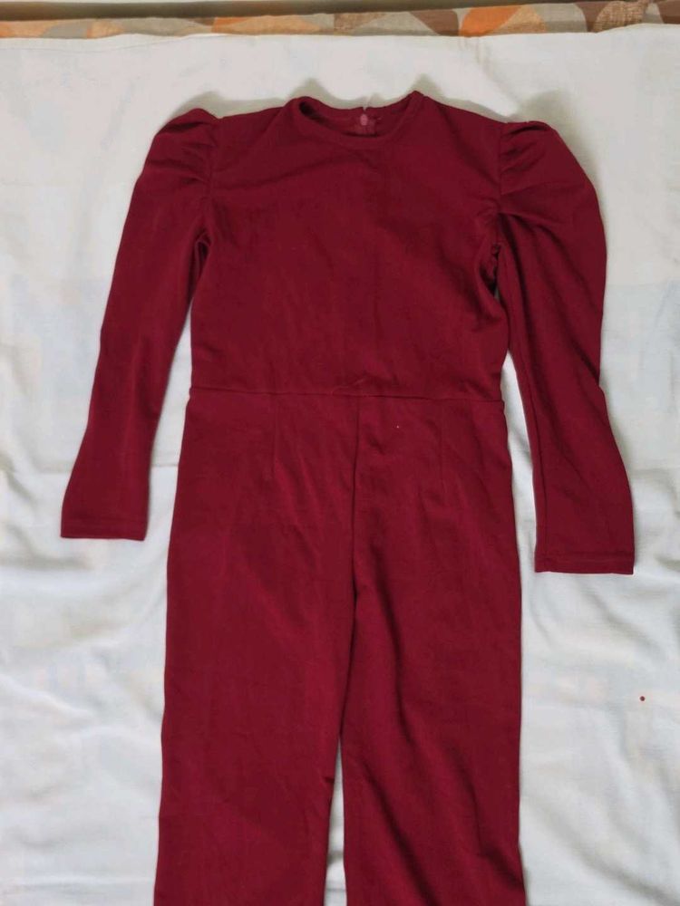 Maroon Puff Sleeve Jumpsuit for Girls