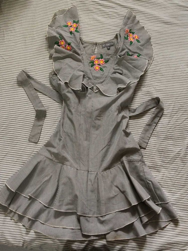 Striped Ruffled Dress with Floral Embroidery