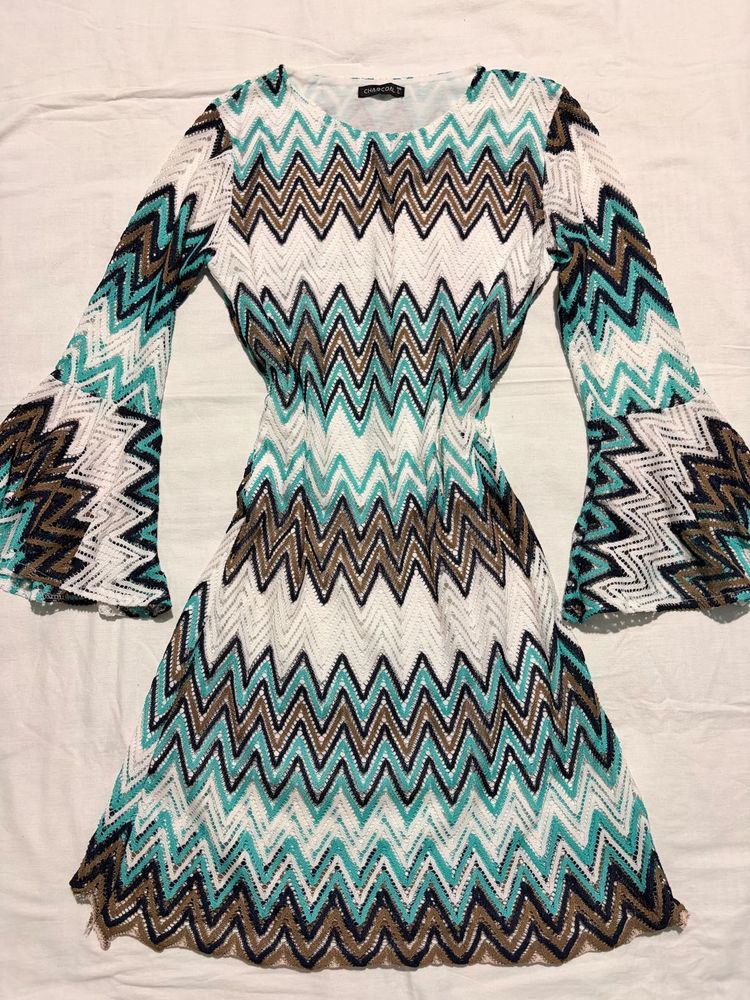 Boho Zigzag Print Flared Sleeve Dress