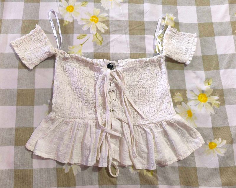 WESTSIDE Off-Shoulder Smocked Lace-Up Peplum Top
