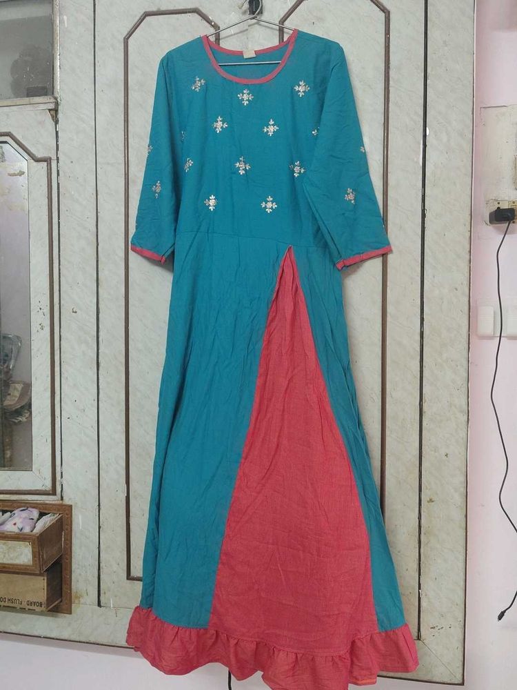 Teal &amp; Pink Embroidered Anarkali Kurta