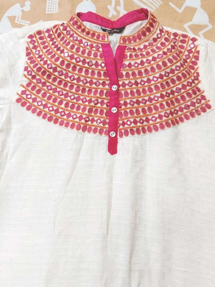 White Kurti with Pink Mirror Embroidery