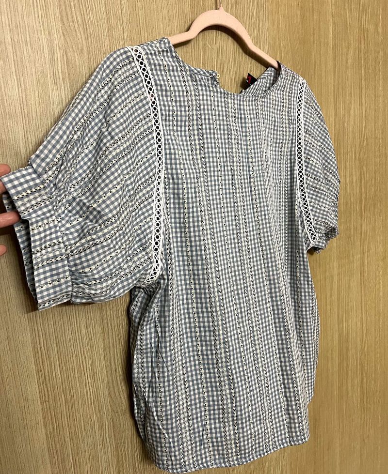 Sweet Blue Gingham &amp; Lace Detail Blouse