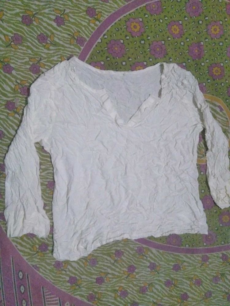 White Textured V-Neck Top
