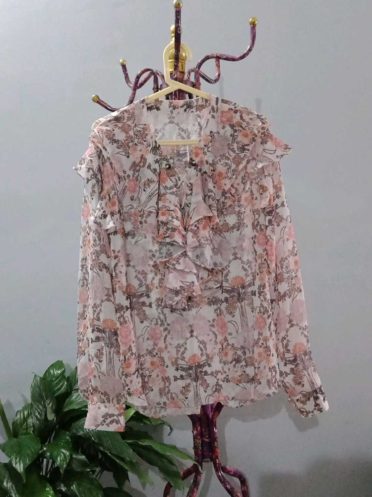 soft Sheer Floral Ruffle Blouse