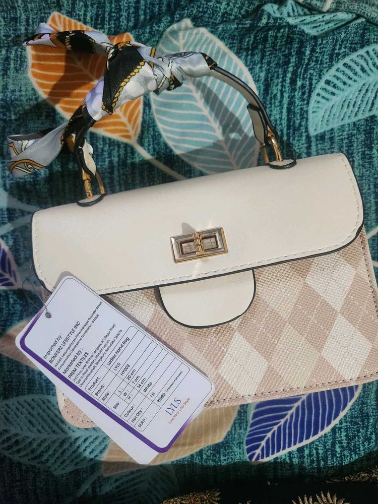 Chic White &amp; Beige Handbag with Scarf Detail