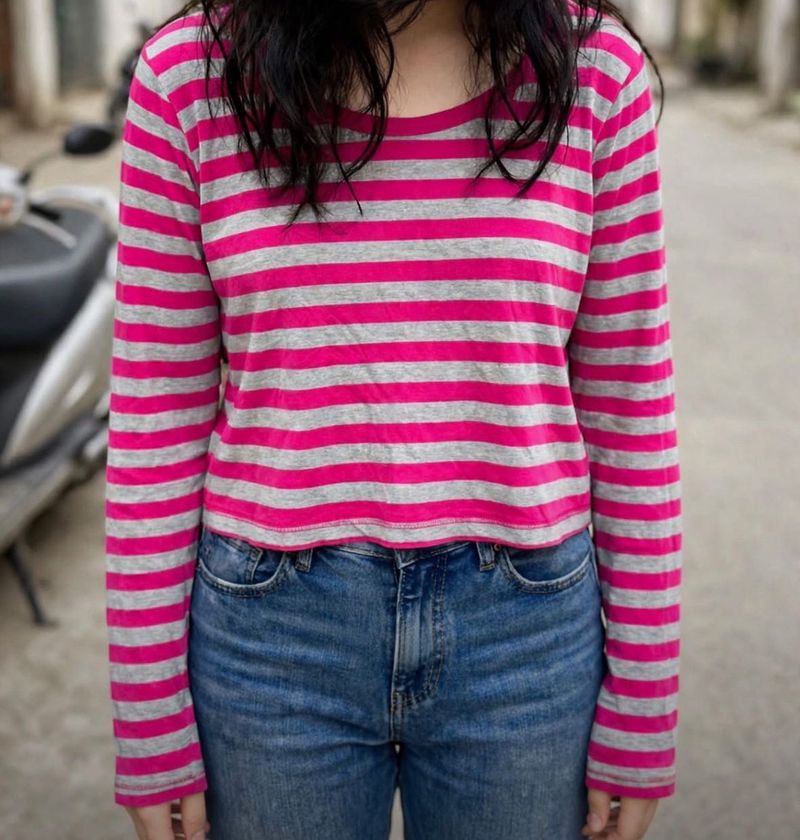 Pink &amp; Grey Striped Long Sleeve Top