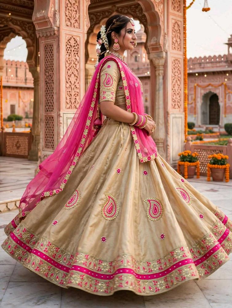 Stunning Golden Lehenga Choli with Pink Dupatta