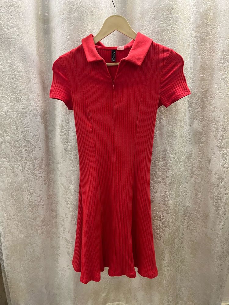 Red Ribbed Polo Collar Mini Dress