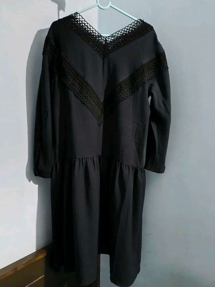 Black Lace Trim Tiered Dress