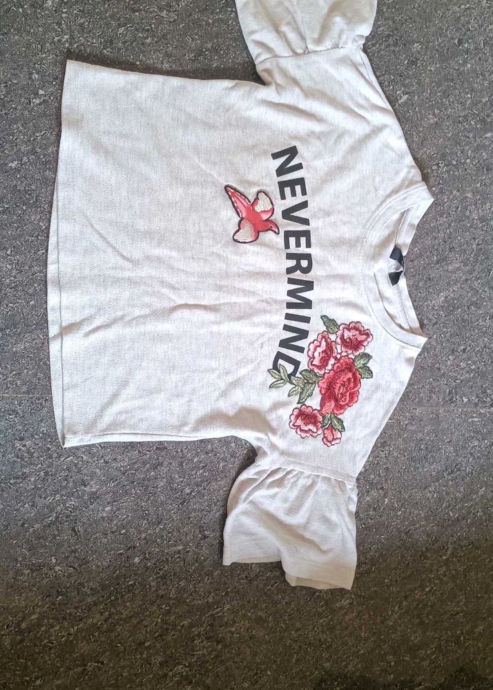 Grey Embroidered Bird &amp; Flower T-Shirt