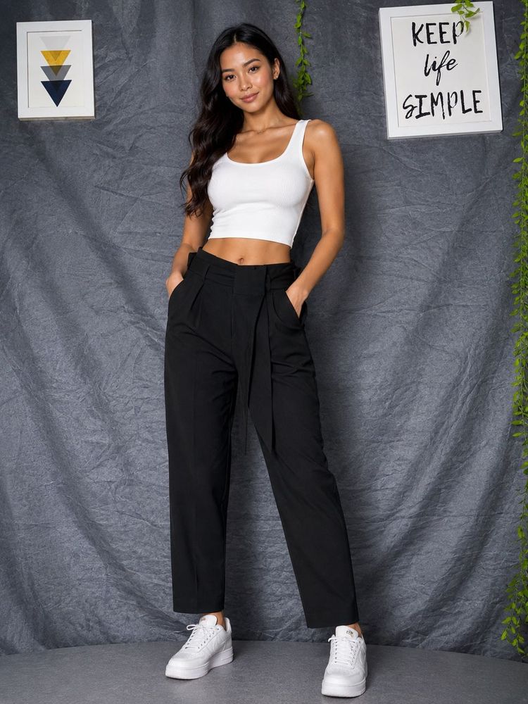 Chic Black Paperbag Waist Pants