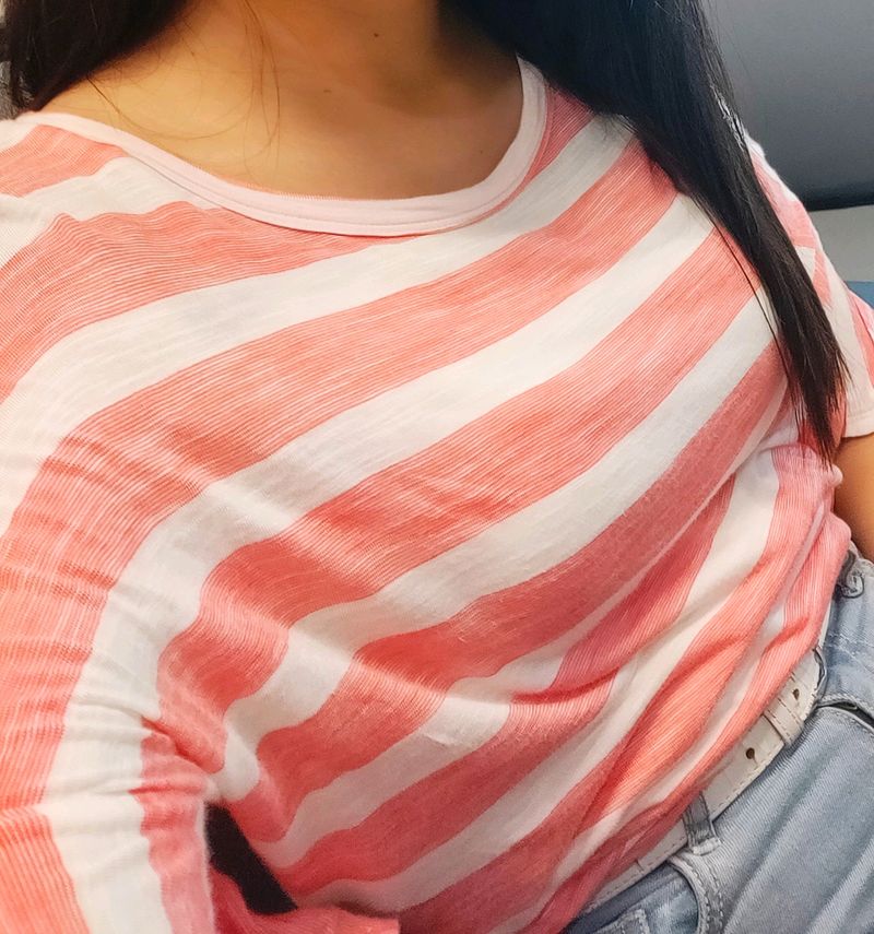 Peach &amp; White - Stripped Knitted Top