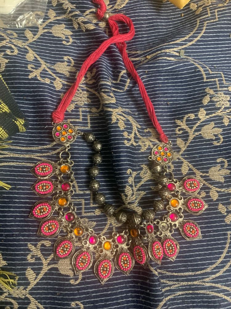 Oxidised Silver Necklace with Pink &amp; Yellow