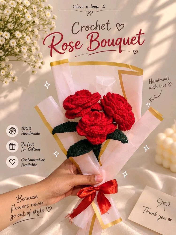 Handmade Crochet Rose Bouquet