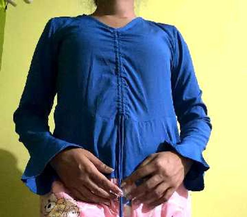 Blue Ruched Long Sleeve Top
