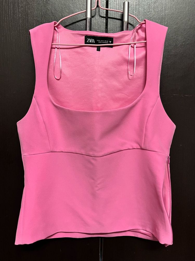 Zara Pink Square Neck Sleeveless Top