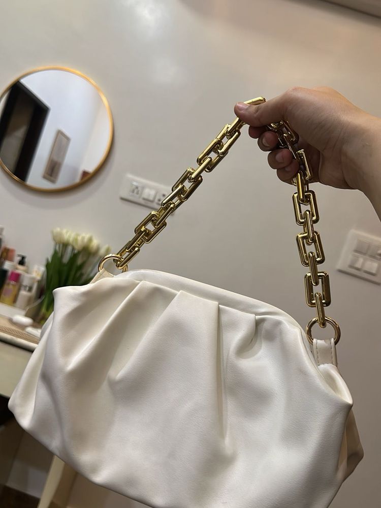Chic White Ruched Clutch with Gold Chain