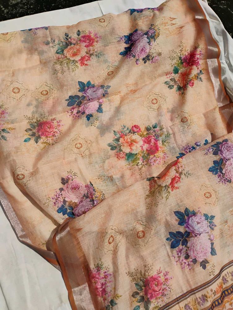 Floral Print Linen Saree