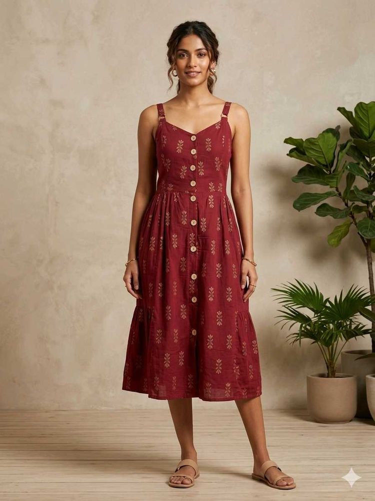 Maroon Floral Print Button-Up Midi Dress