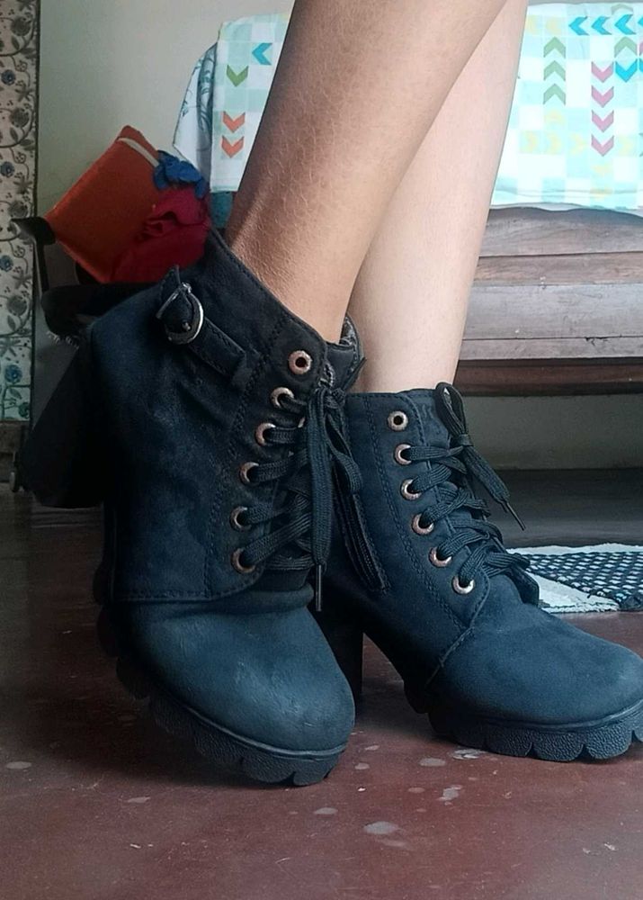 Chunky Black Lace-Up Heeled Boots