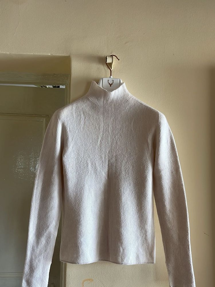 Cream Ribbed Mock Neck Sweater