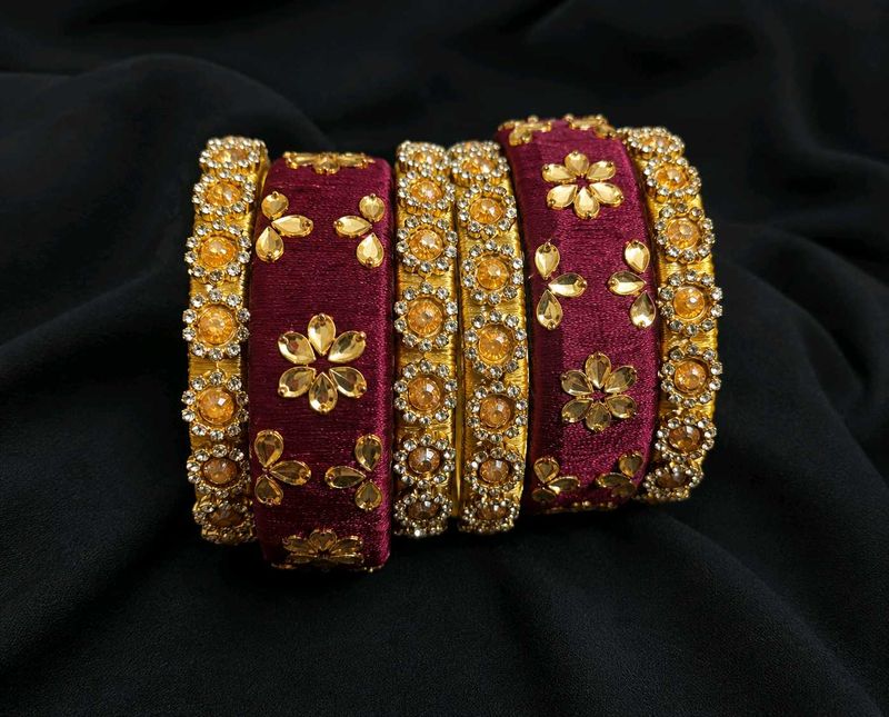 Maroon &amp; Gold Embellished Bangles