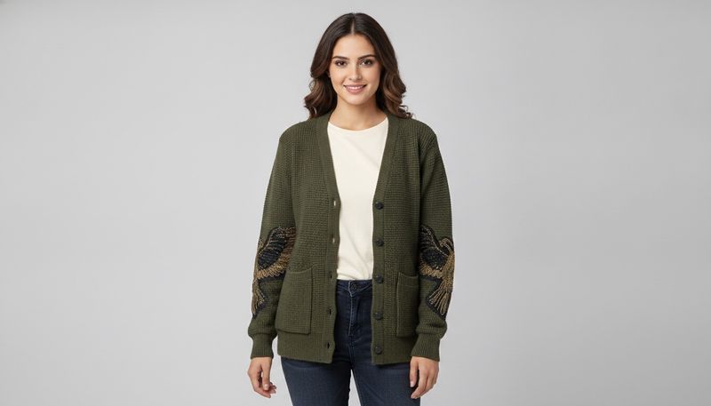 Olive Green Cardigan with embroidery on sleeves✨✨