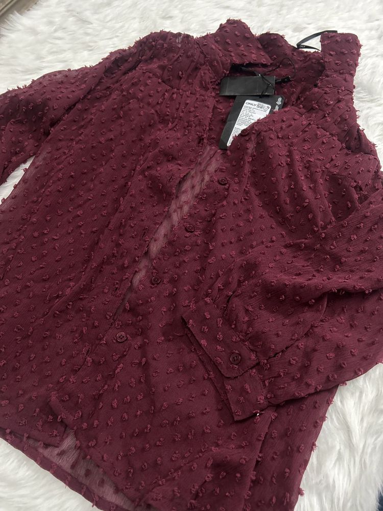Elegant Burgundy Sheer Button-Up With Inner