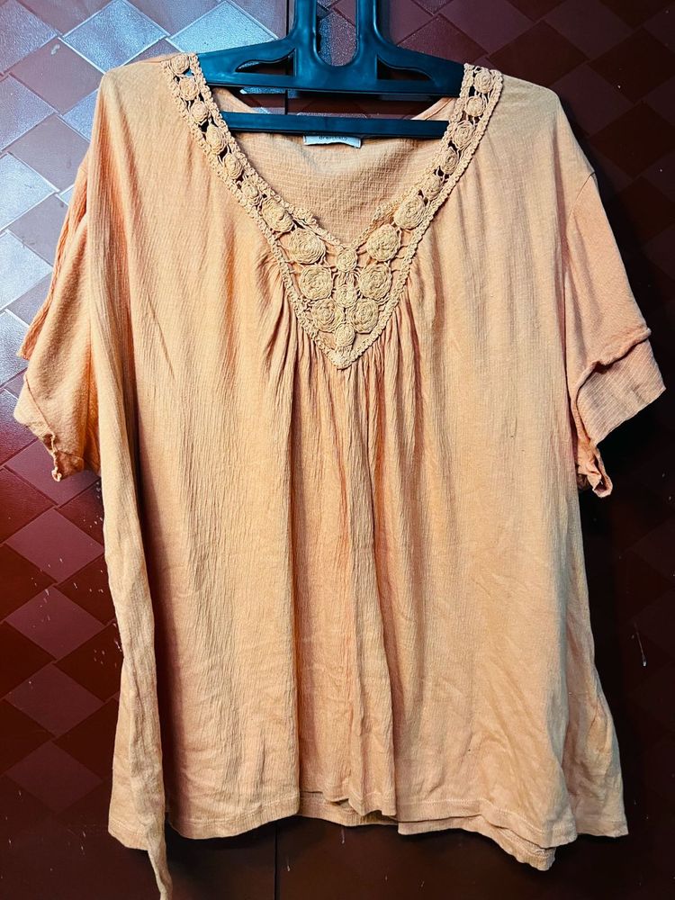Boho Crochet Neck Orange Tunic Top