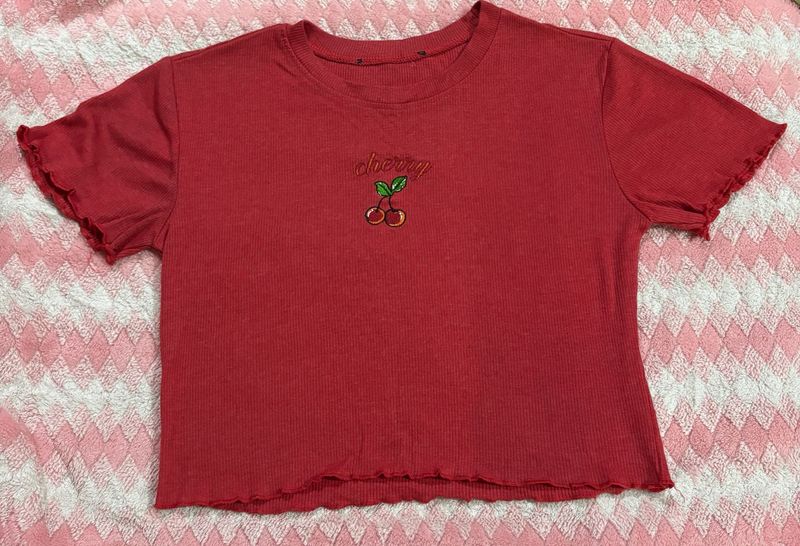 Red Cherry Embroidered Crop Top