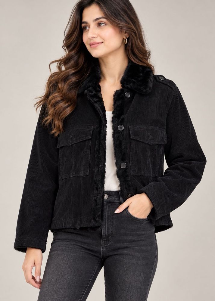 Black Corduroy Jacket with Fur Trim