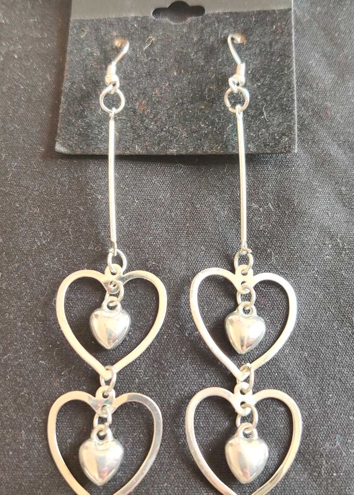 Silver Plated Double Drop Heart Shape Earrings