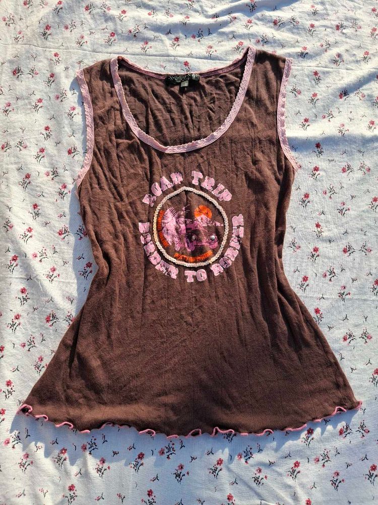 Brown "Road Trip" Graphic Tank Top
