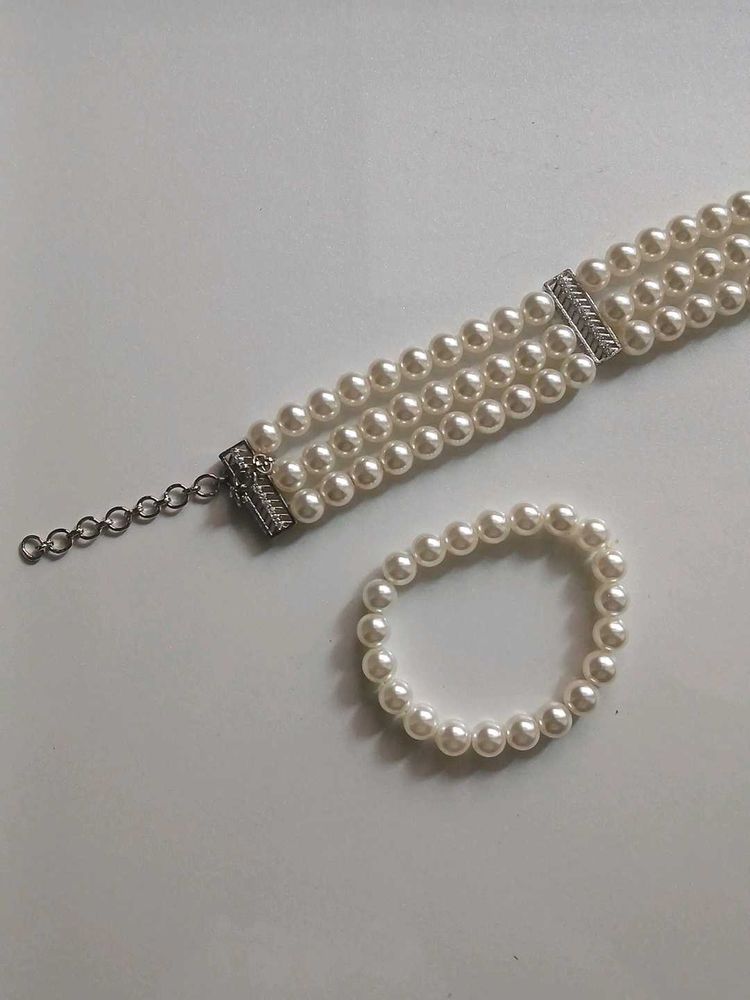 Elegant Pearl Necklace &amp; Bracelet Set