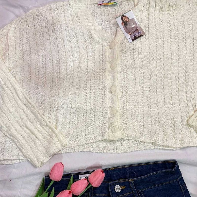 Cream Ribbed Knit Cropped Cardigan