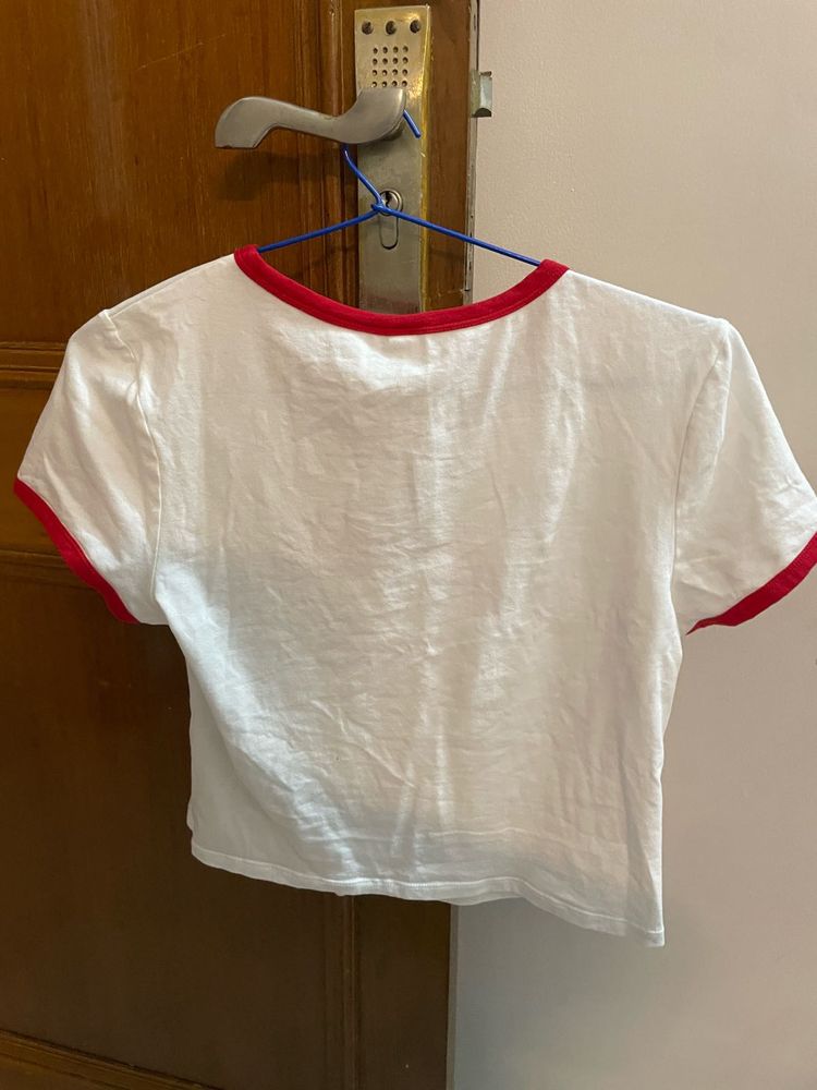 White &amp; Red Trim Crop Top